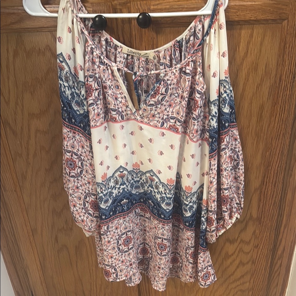 Liberty Cream and Pink Bell Sleeve Blouse with Tie Front